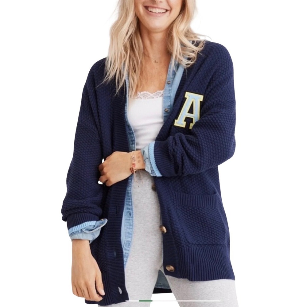 Aerie Navy Blue A Patch Varsity Academia Preppy 100% Cotton Cardigan Sweater XS